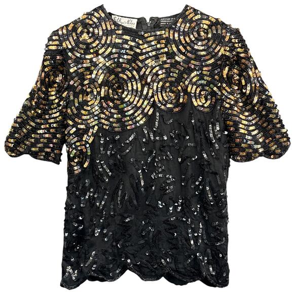 Silky Nites VIntage Black Gold Sequin Silk Short Sleeve Scalloped Blouse Women M - Picture 1 of 9